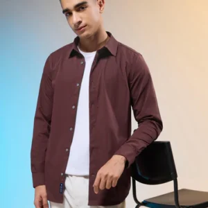 P823ChocolateTruffle_1_b7f989b9-f199-45cc-b423-60d4883bb42a Men Solid Slim Fit Spread Collar Shirt with TS LYTRA
