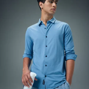 P828LichenBlue_1 Men Solid Regular Fit Spread Collar Casual Shirt with COTFLEX