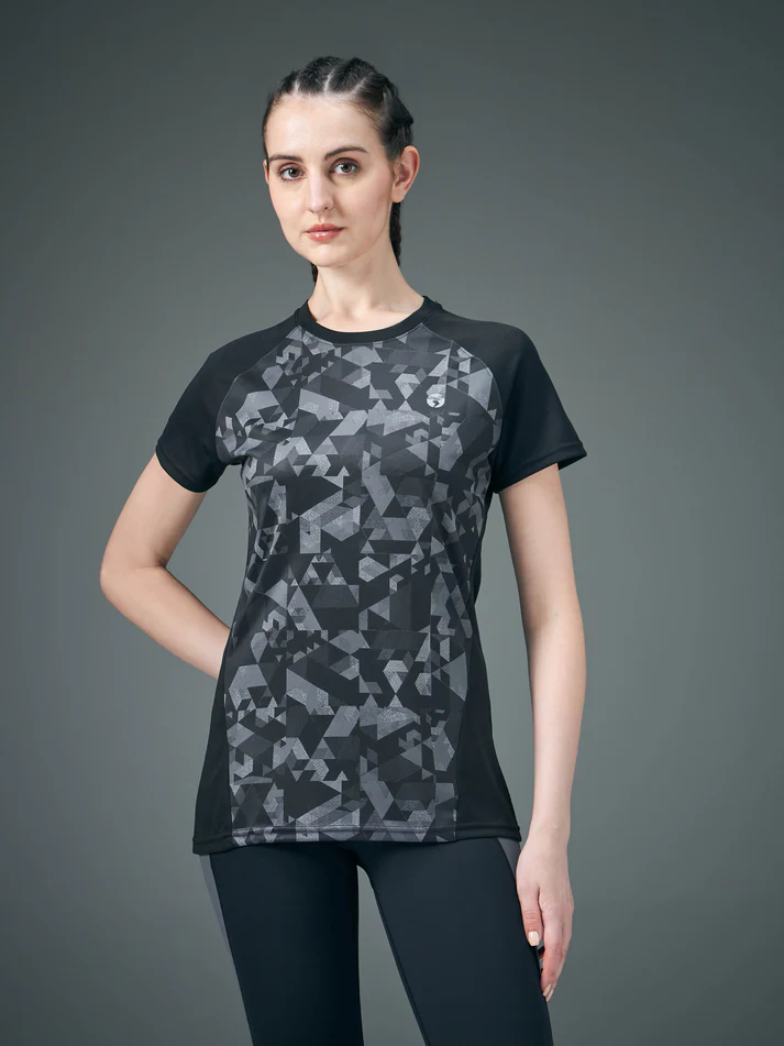 Women Abstract Print Slim Fit Crew Neck T-shirt with TECHNO COOL+ - Image 3