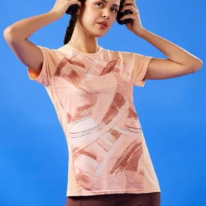W112Peach_1 (1) Women Abstract Print Slim Fit Crew Neck T-shirt with TECHNO COOL+
