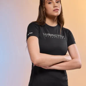 W153Black_1 Women Typography Print Regular Fit Round Neck Sports Tee with TECHNOCOOL+