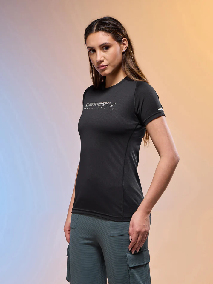 Women Typography Print Regular Fit Round Neck Sports Tee with TECHNOCOOL+ - Image 3